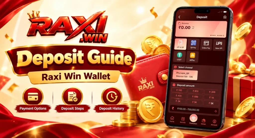 Raxi Win deposit guide showing payment options and deposit interface on a mobile phone
