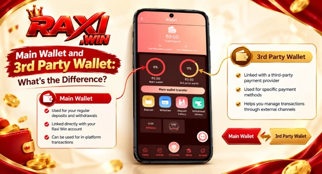Raxi Win main wallet and 3rd party wallet comparison showing wallet balances and transfer options.