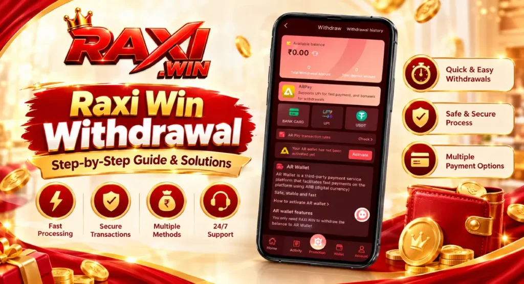 Raxi Win withdrawal page showing ARPay, UPI, bank card, and USDT payment options.